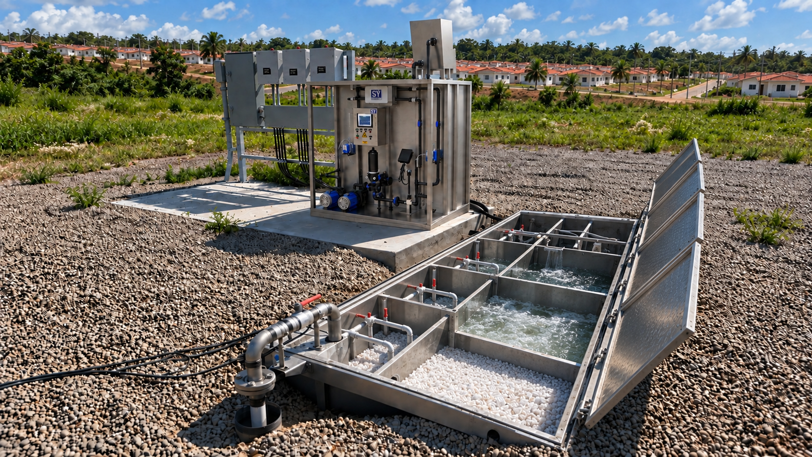 Bioterra planta de tratamiento de aguas residuales subterránea en acero inoxidable con cuarto de máquinas sobre superficie